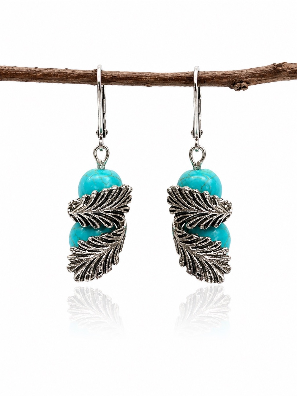 Boho Turquoise Leaf Earrings Silver Nature Dangle Earrings